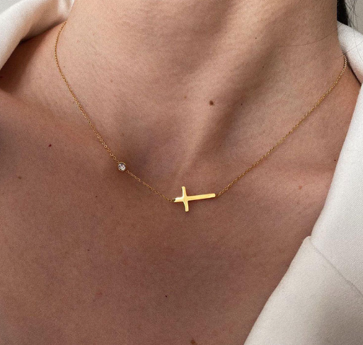 18K Gold Cross Necklace with Classic Rhinestone (One Piece)