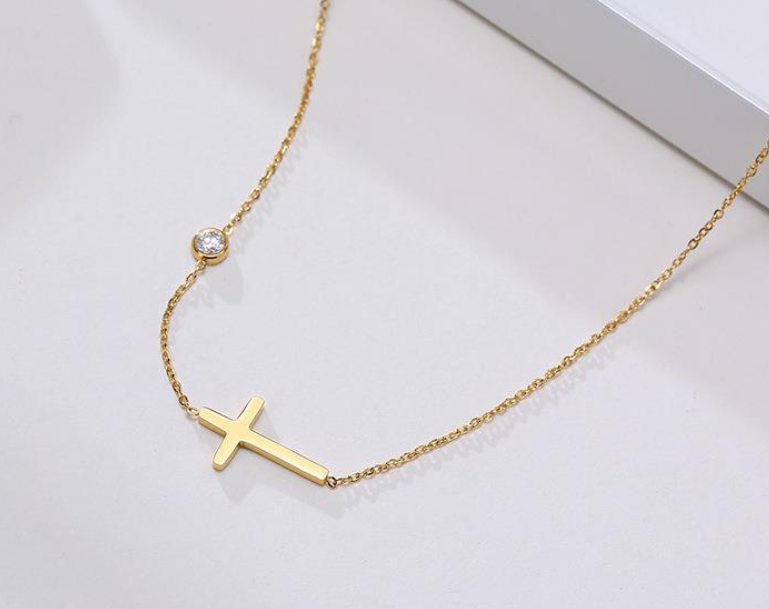 18K Gold Cross Necklace with Classic Rhinestone (One Piece)