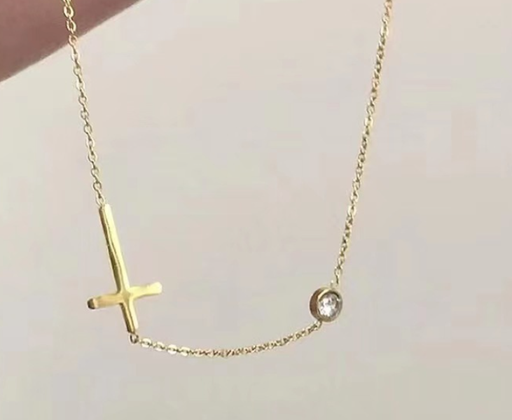18K Gold Cross Necklace with Classic Rhinestone (One Piece)