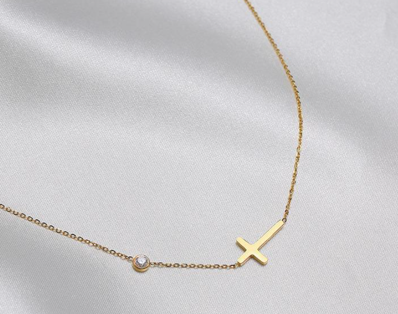 18K Gold Cross Necklace with Classic Rhinestone (One Piece)