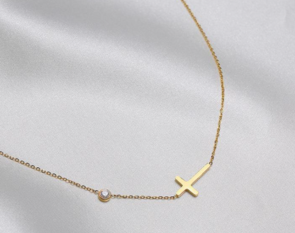 18K Gold Cross Necklace with Classic Rhinestone (One Piece)