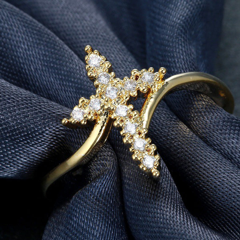 Skimrande Kors Ring – Kristen Ring med Stenar för Kvinnor